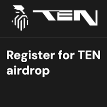 Логотип кампании TEN Airdrop, демонстрирующий награды за ликвидность DeFi и шаги регистрации