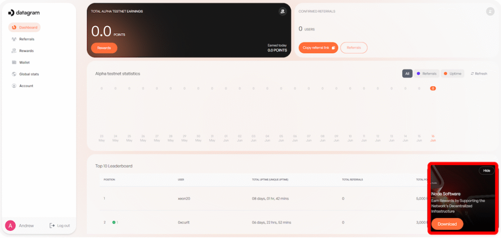 Datagram testnet dashboard
