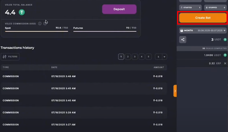 Veles trading bot creation
