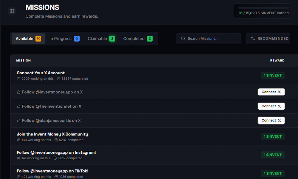Invent money dashboard